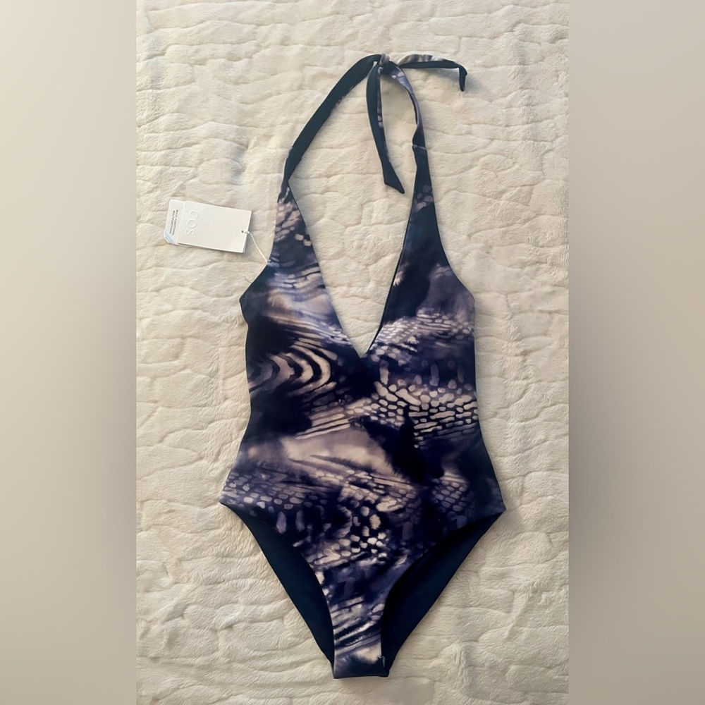 COS Reversible Printed Plunge Swimsuit in NAVY size 6 🔥